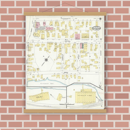 Old map wall art mockup — magnetic wood frame on brick wall — Sanborn Fire Insurance Map from Winchendon, Worcester County, Massachusetts (1909), Sheet #0009