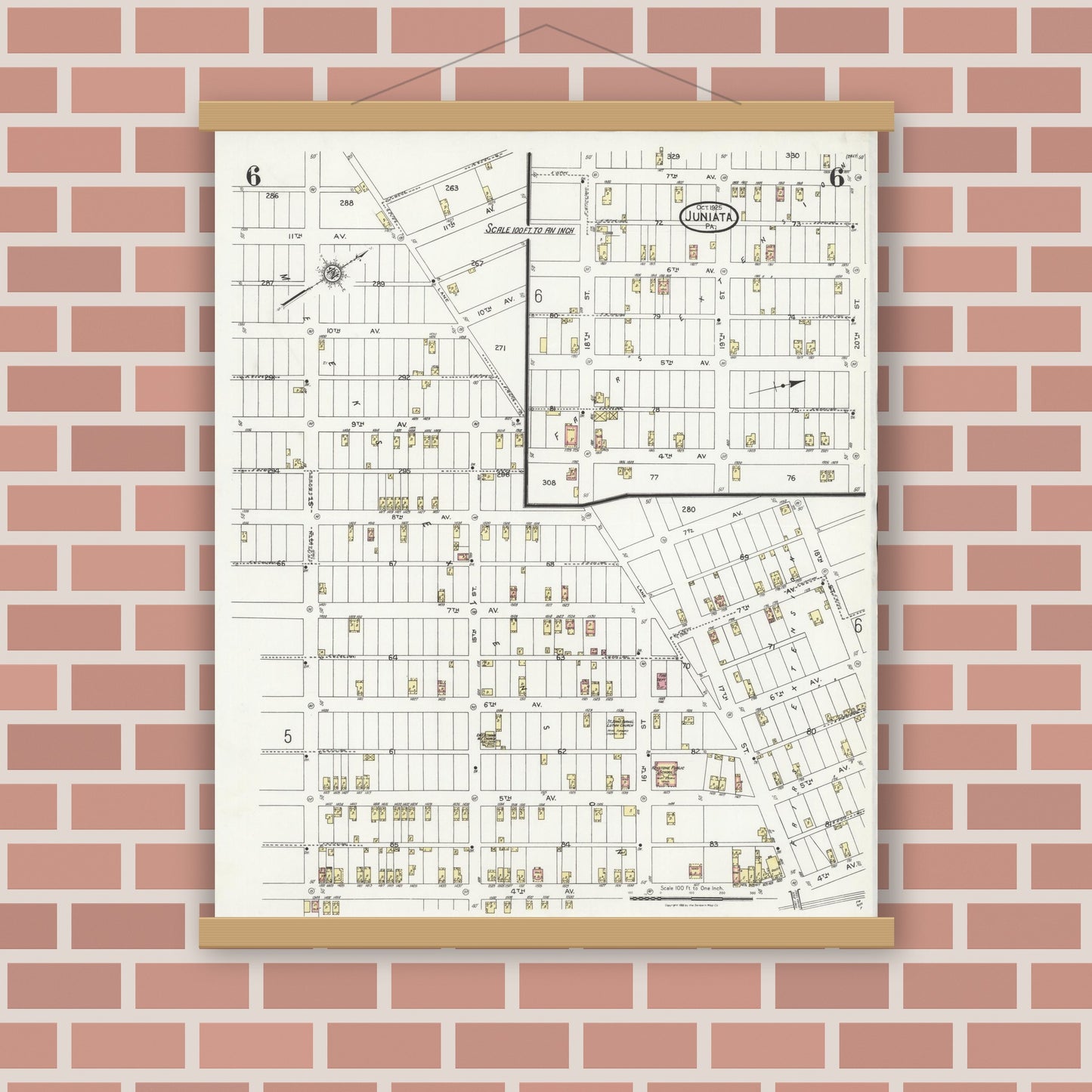 Old map wall art mockup — magnetic wood frame on brick wall — Sanborn Fire Insurance Map from Juniata, Blair County, Pennsylvania (1925), Sheet #0006