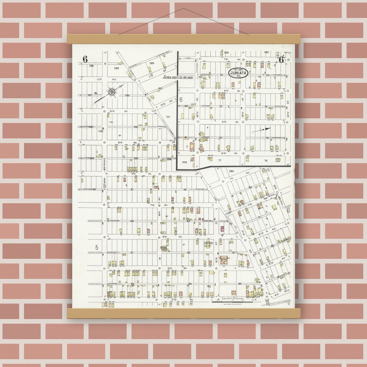 Old map wall art mockup — magnetic wood frame on brick wall — Sanborn Fire Insurance Map from Juniata, Blair County, Pennsylvania (1925), Sheet #0006