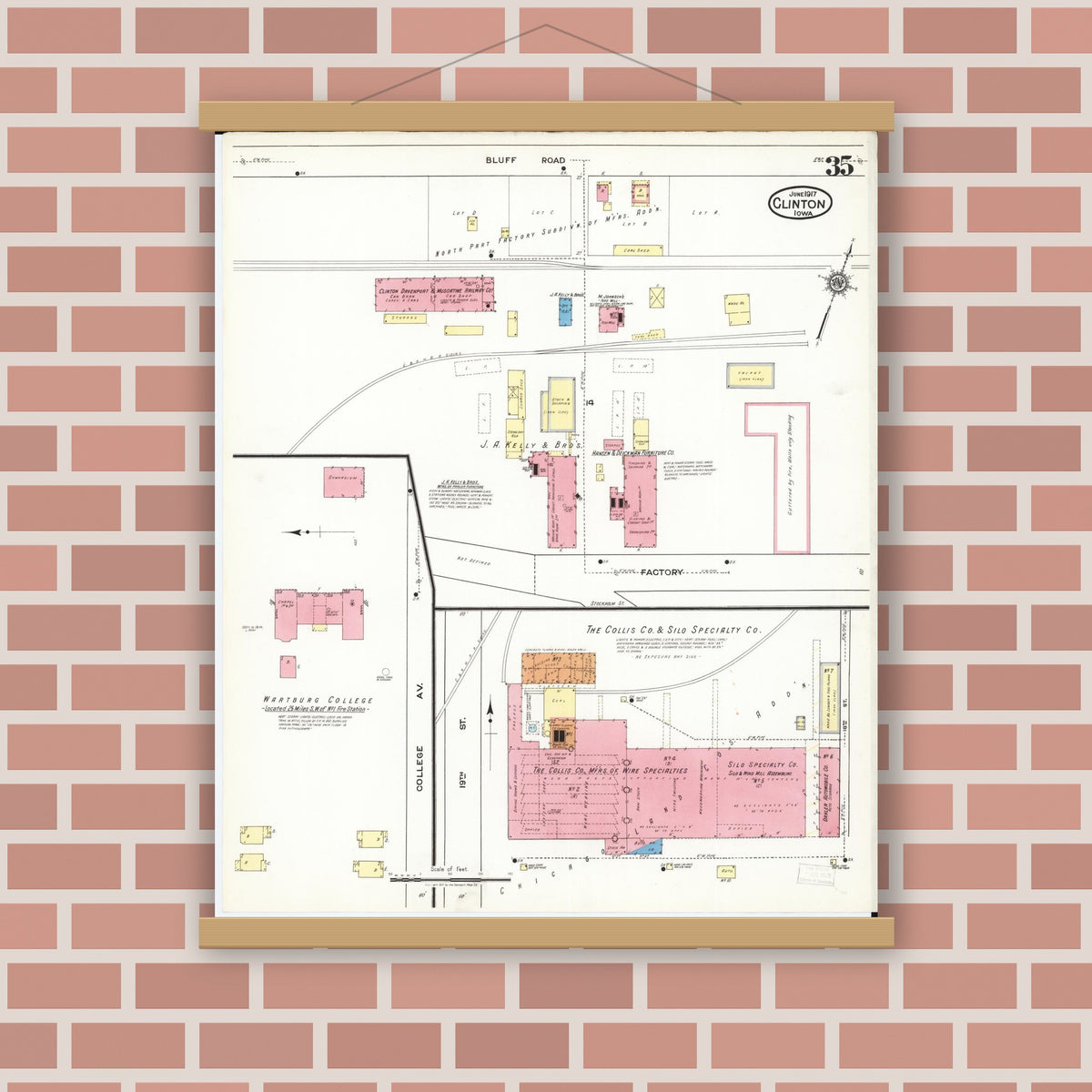 Old map wall art mockup — magnetic wood frame on brick wall — Sanborn Fire Insurance Map from Clinton, Clinton County, Iowa (1917), Sheet #0035