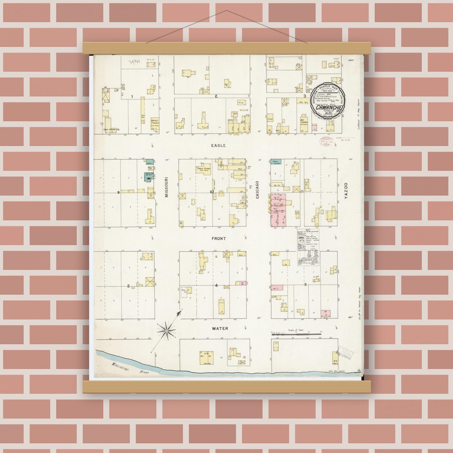 Old map wall art mockup — magnetic wood frame on brick wall — Sanborn Fire Insurance Map from Camanche, Clinton County, Iowa (1895), Sheet #0001