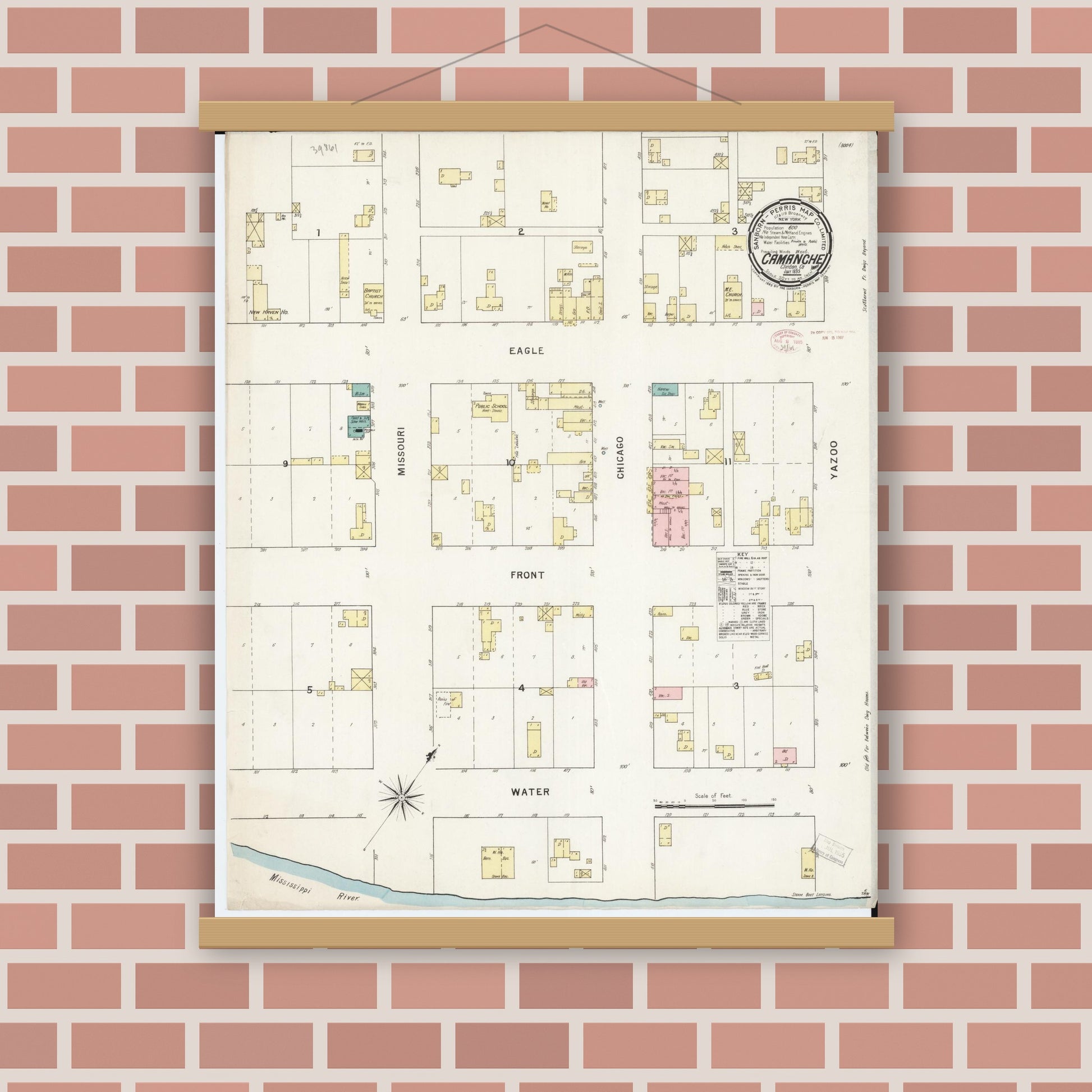 Old map wall art mockup — magnetic wood frame on brick wall — Sanborn Fire Insurance Map from Camanche, Clinton County, Iowa (1895), Sheet #0001