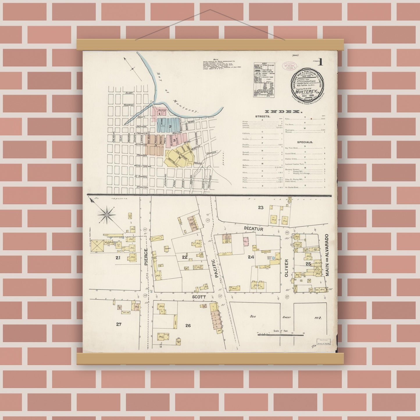 Old map wall art mockup — magnetic wood frame on brick wall — Sanborn Fire Insurance Map from Monterey, Monterey County, California (1888) - Complete Map Set