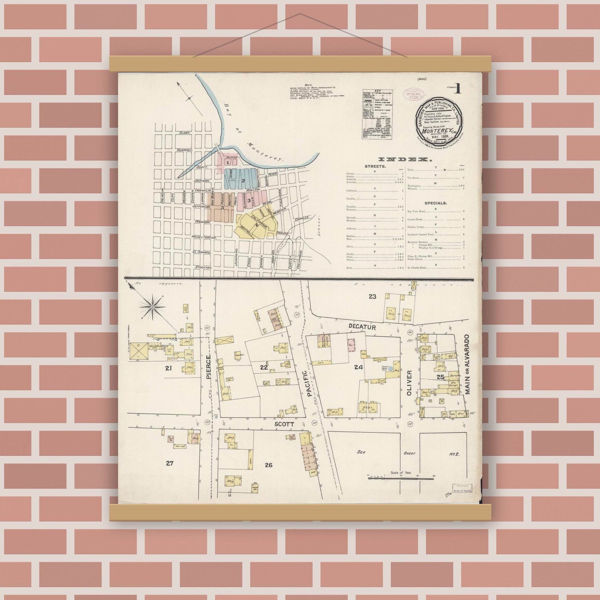 Old map wall art mockup — magnetic wood frame on brick wall — Sanborn Fire Insurance Map from Monterey, Monterey County, California (1888) - Complete Map Set