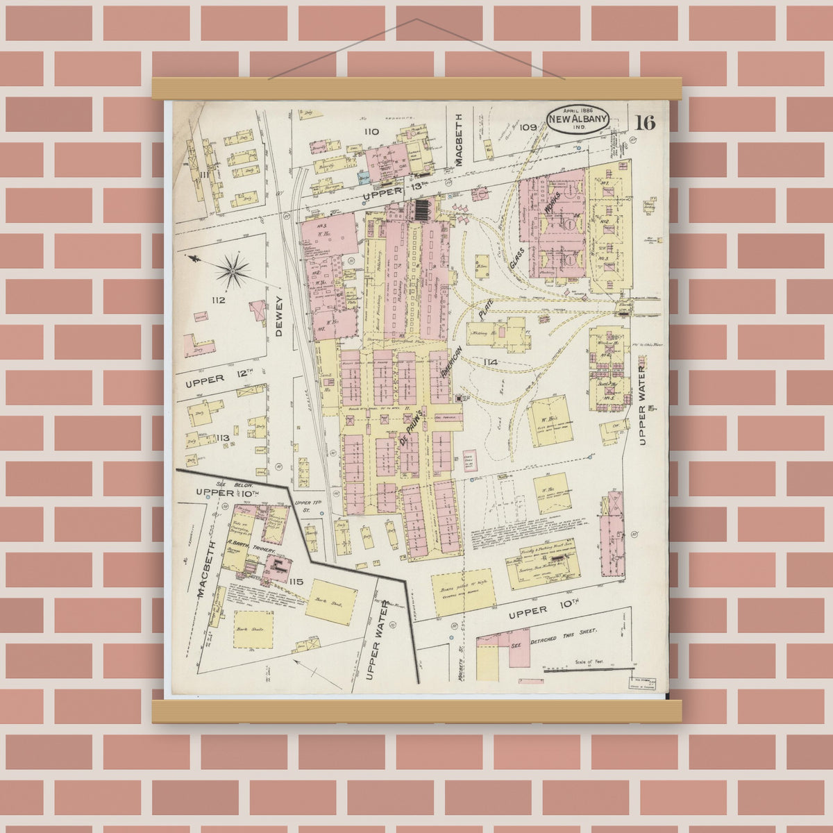 Old map wall art mockup — magnetic wood frame on brick wall — Sanborn Fire Insurance Map from New Albany, Floyd County, Indiana (1886), Sheet #0016
