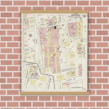 Old map wall art mockup — magnetic wood frame on brick wall — Sanborn Fire Insurance Map from New Albany, Floyd County, Indiana (1886), Sheet #0016