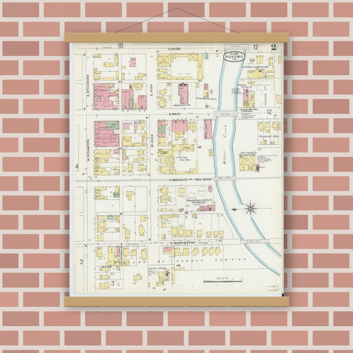 Old map wall art mockup — magnetic wood frame on brick wall — Sanborn Fire Insurance Map from Kokomo, Howard County, Indiana (1896), Sheet #0002