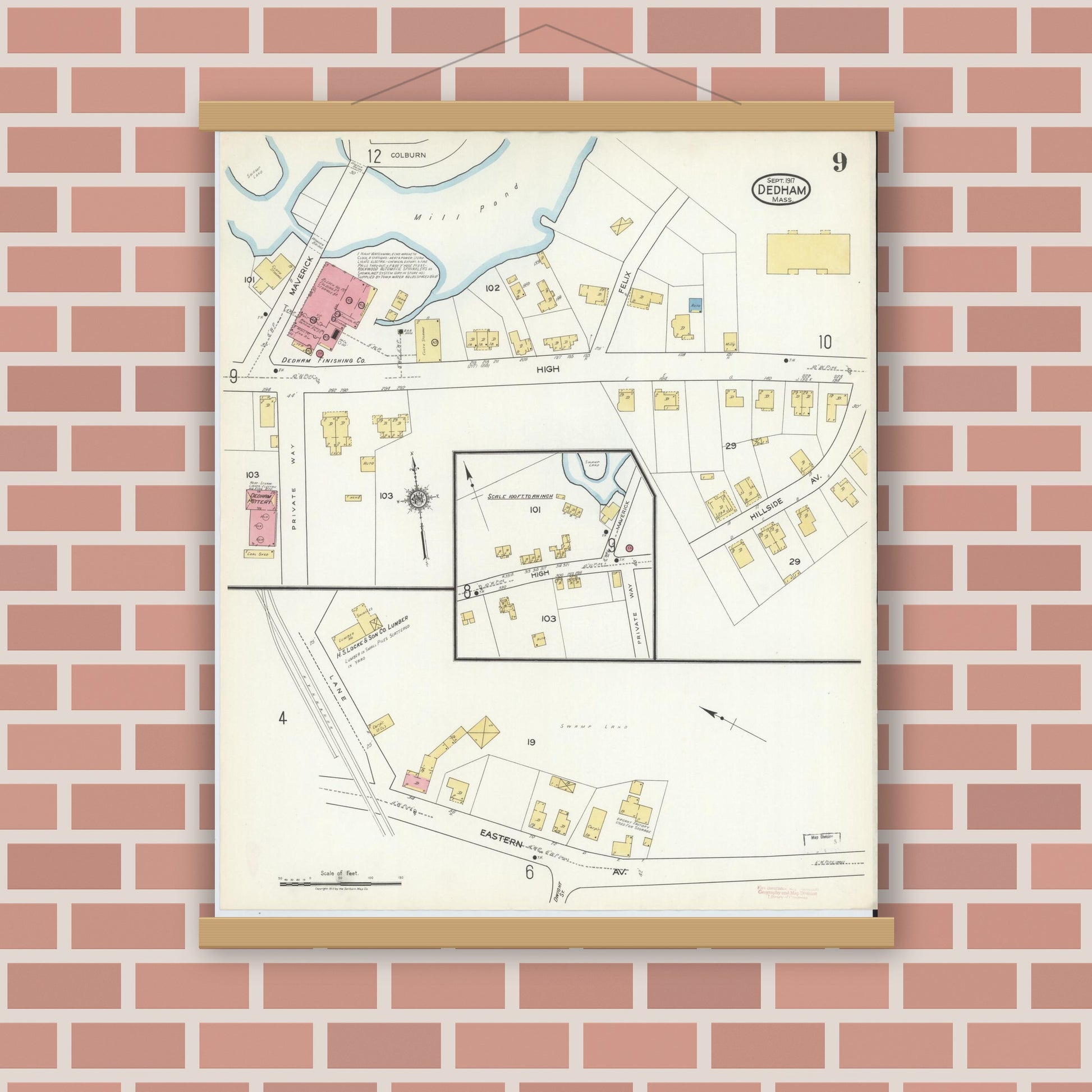 Old map wall art mockup — magnetic wood frame on brick wall — Sanborn Fire Insurance Map from Dedham, Norfolk County, Massachusetts (1917), Sheet #0009