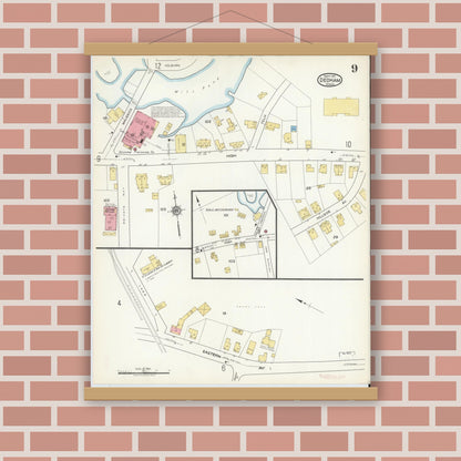Old map wall art mockup — magnetic wood frame on brick wall — Sanborn Fire Insurance Map from Dedham, Norfolk County, Massachusetts (1917), Sheet #0009