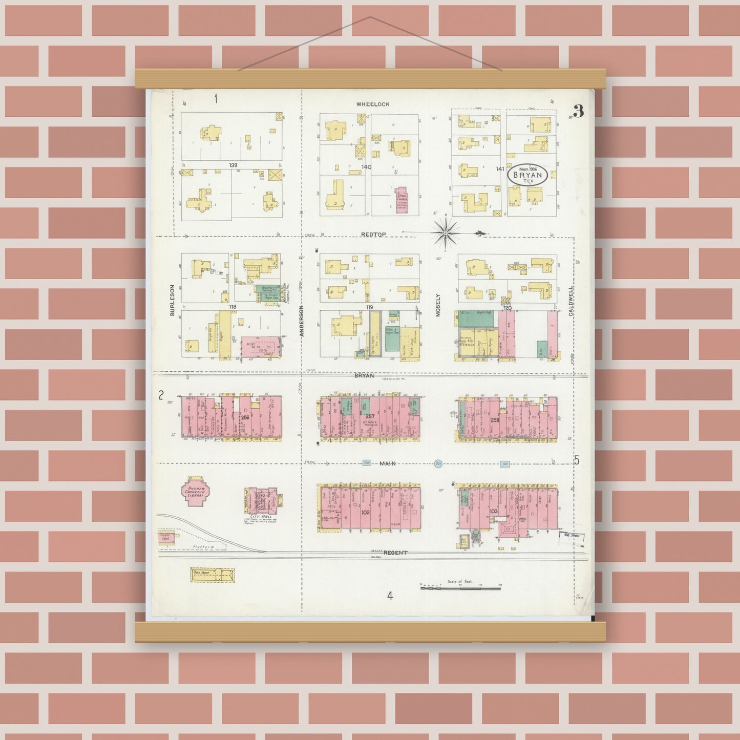 Old map wall art mockup — magnetic wood frame on brick wall — Sanborn Fire Insurance Map from Bryan, Brazos County, Texas (1906), Sheet #0003