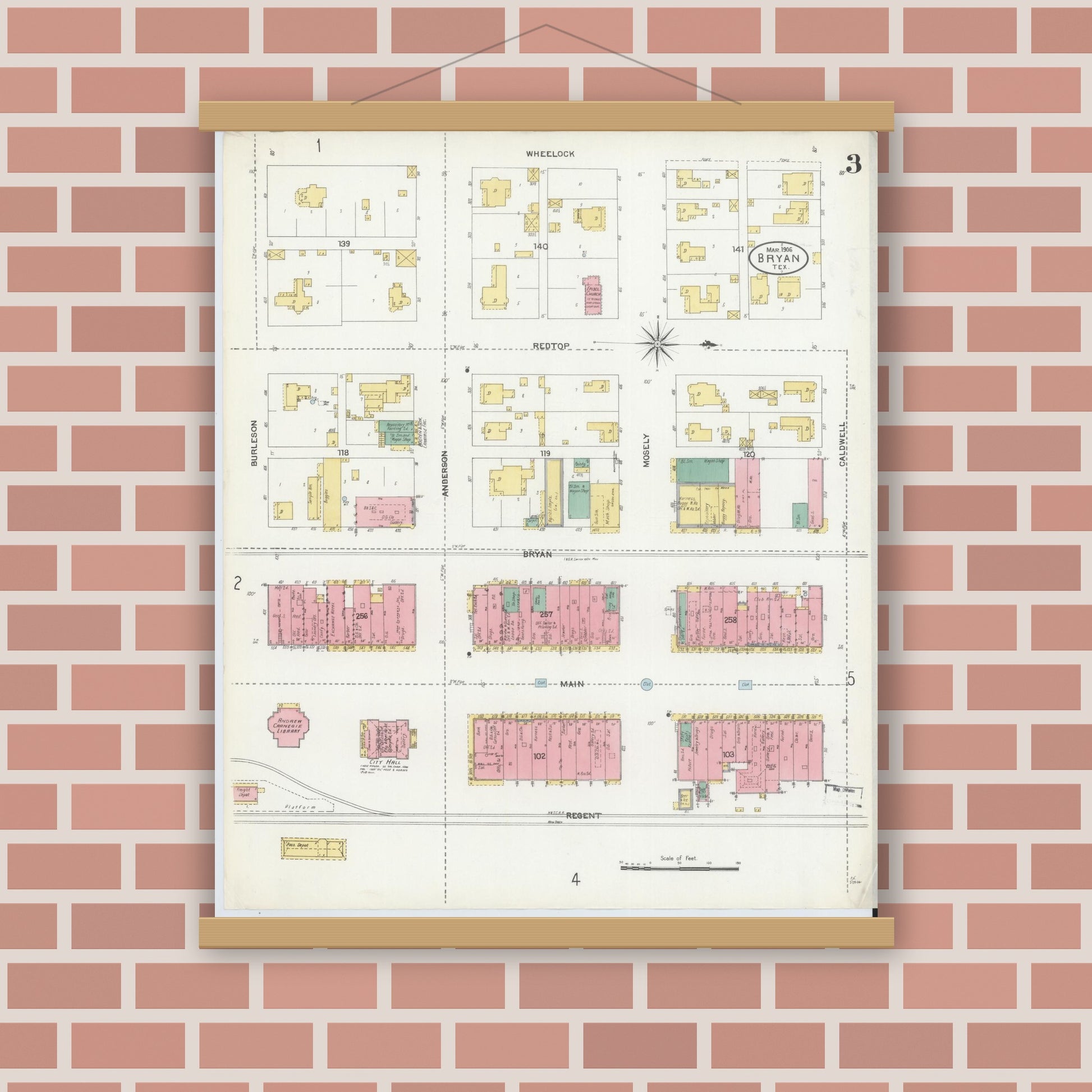 Old map wall art mockup — magnetic wood frame on brick wall — Sanborn Fire Insurance Map from Bryan, Brazos County, Texas (1906), Sheet #0003
