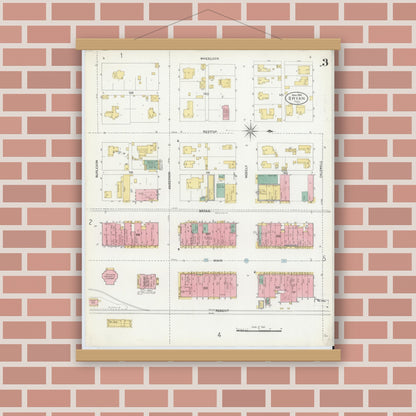 Old map wall art mockup — magnetic wood frame on brick wall — Sanborn Fire Insurance Map from Bryan, Brazos County, Texas (1906), Sheet #0003