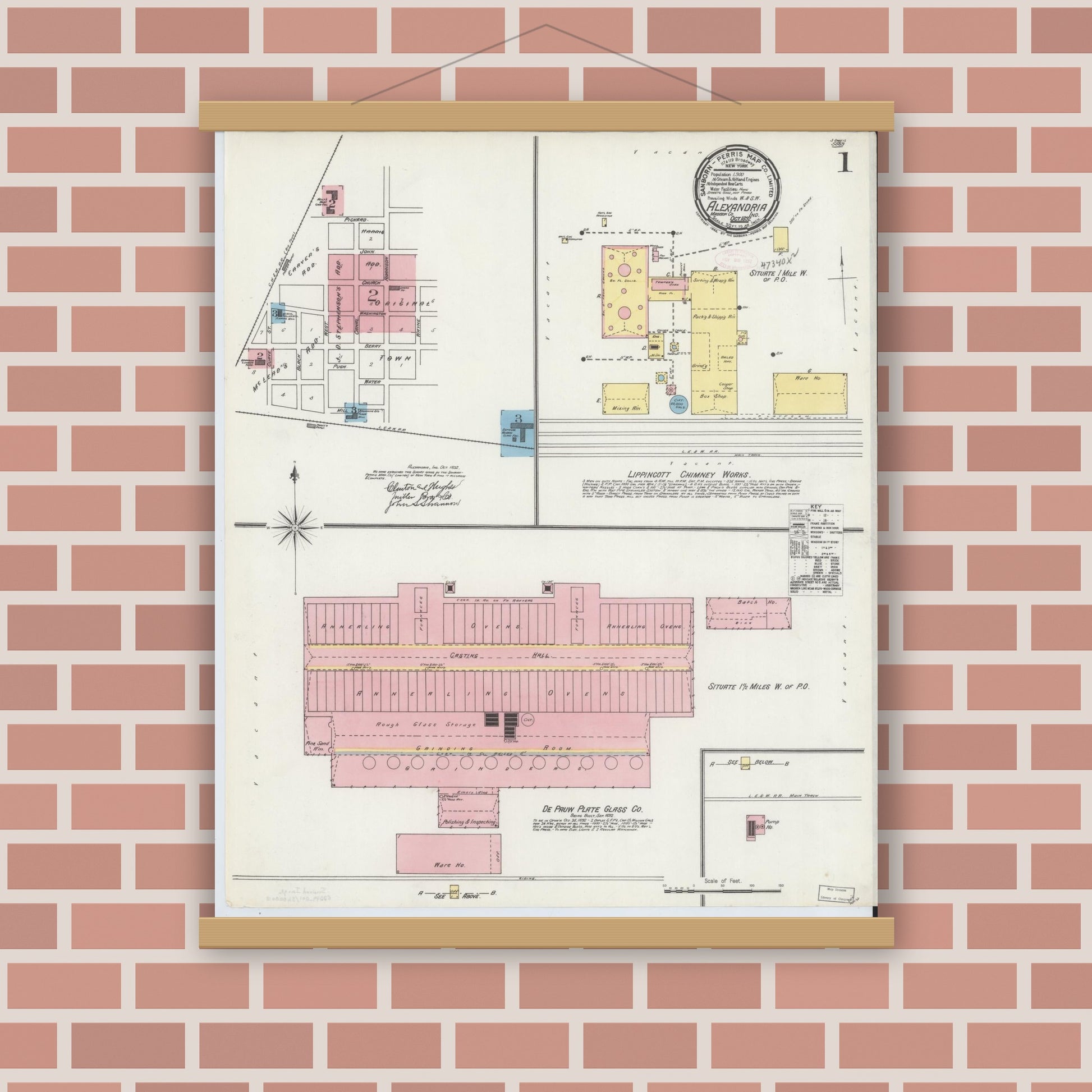 Old map wall art mockup — magnetic wood frame on brick wall — Sanborn Fire Insurance Map from Alexandria, Madison County, Indiana (1892), Sheet #0001