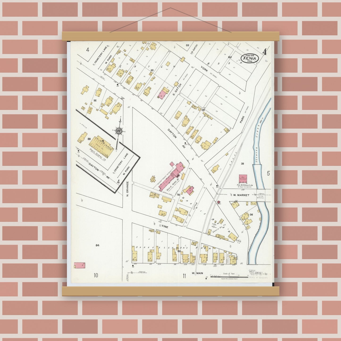 Old map wall art mockup — magnetic wood frame on brick wall — Sanborn Fire Insurance Map from Xenia, Greene County, Ohio (1919), Sheet #0004