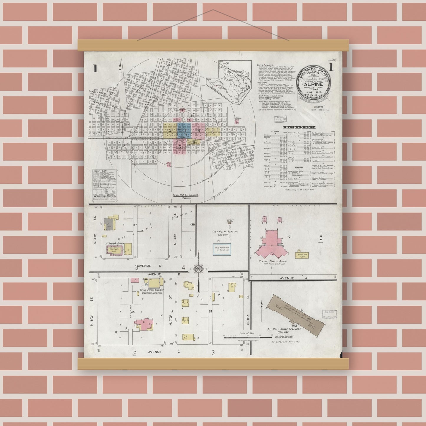 Old map wall art mockup — magnetic wood frame on brick wall — Sanborn Fire Insurance Map from Alpine, Brewster County, Texas (1927), Sheet #0001