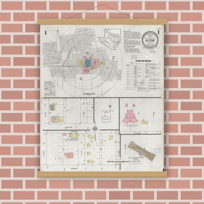 Old map wall art mockup — magnetic wood frame on brick wall — Sanborn Fire Insurance Map from Alpine, Brewster County, Texas (1927), Sheet #0001
