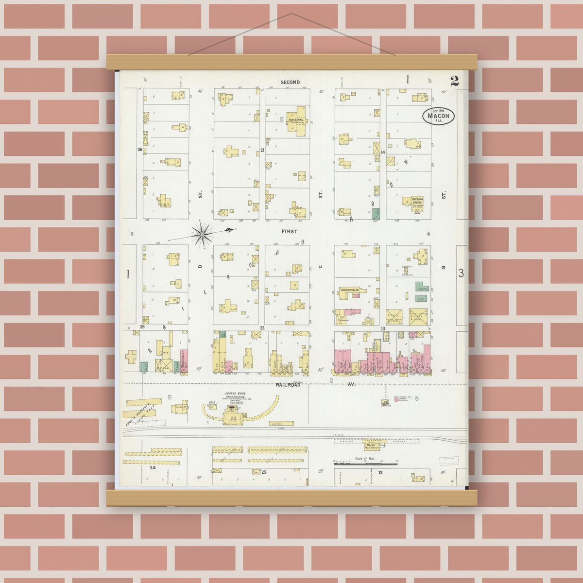 Old map wall art mockup — magnetic wood frame on brick wall — Sanborn Fire Insurance Map from Macon, Macon County, Illinois (1899), Sheet #0002
