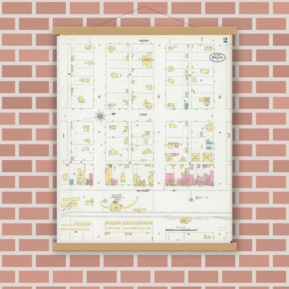 Old map wall art mockup — magnetic wood frame on brick wall — Sanborn Fire Insurance Map from Macon, Macon County, Illinois (1899), Sheet #0002
