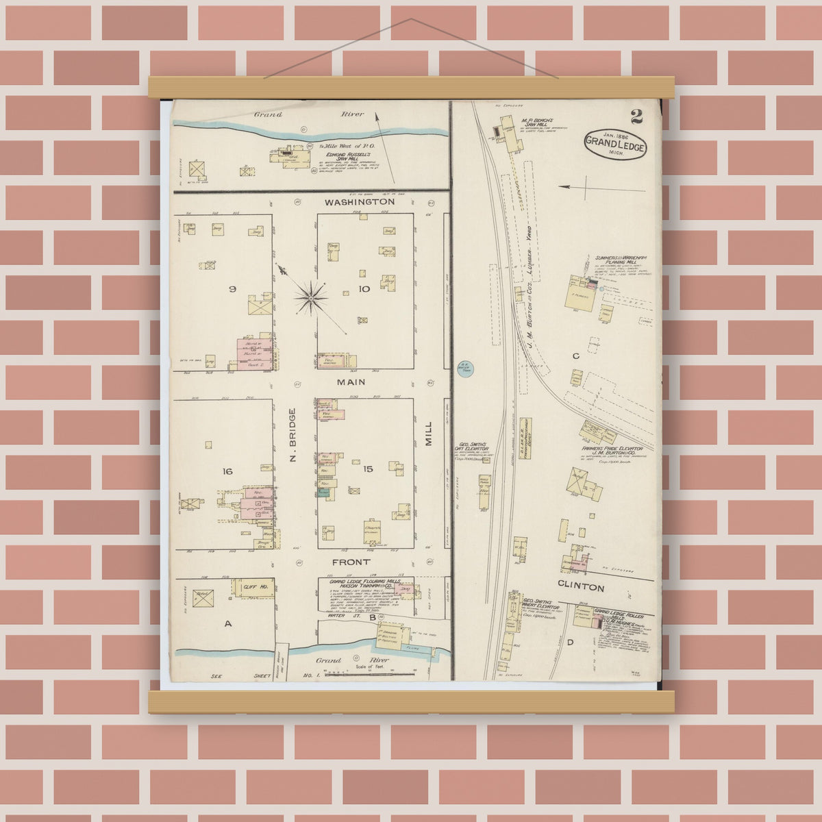 Old map wall art mockup — magnetic wood frame on brick wall — Sanborn Fire Insurance Map from Grand Ledge, Eaton County, Michigan (1886), Sheet #0002