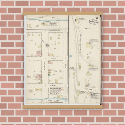 Old map wall art mockup — magnetic wood frame on brick wall — Sanborn Fire Insurance Map from Grand Ledge, Eaton County, Michigan (1886), Sheet #0002