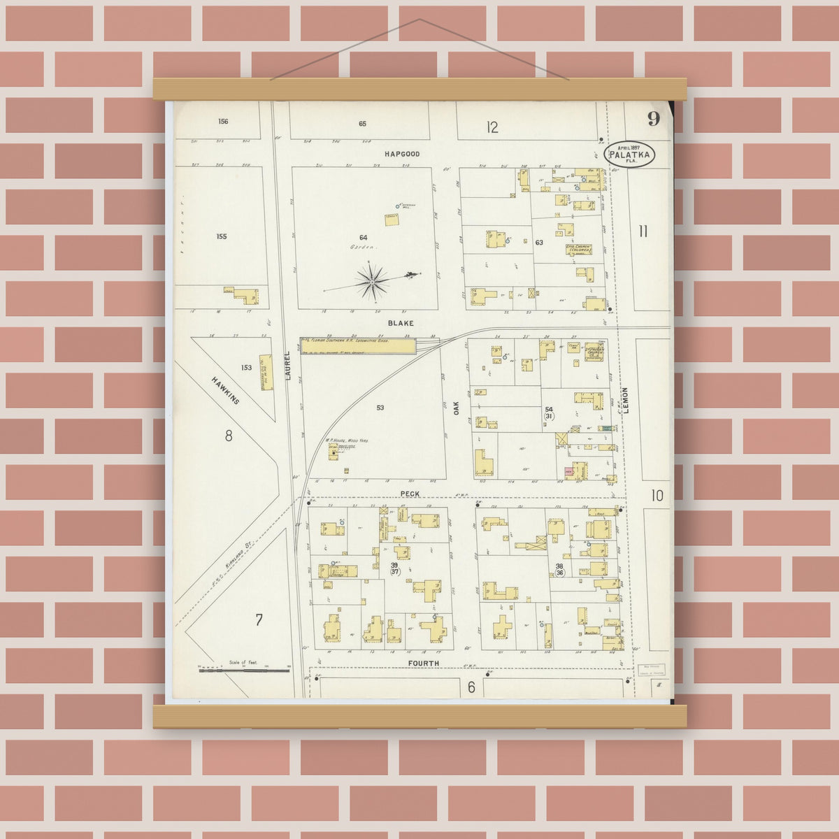 Old map wall art mockup — magnetic wood frame on brick wall — Sanborn Fire Insurance Map from Palatka, Putnam County, Florida (1897), Sheet #0009