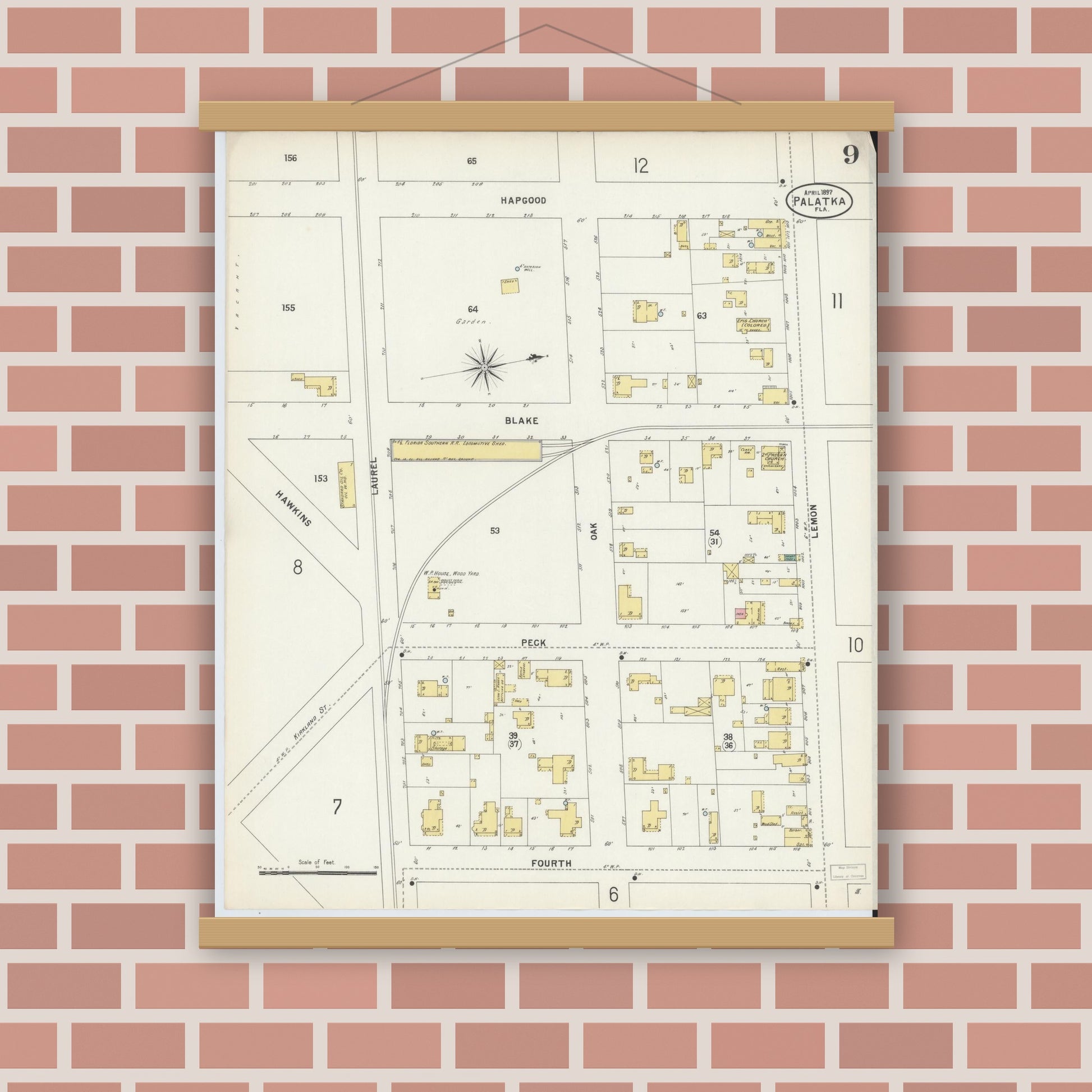 Old map wall art mockup — magnetic wood frame on brick wall — Sanborn Fire Insurance Map from Palatka, Putnam County, Florida (1897), Sheet #0009