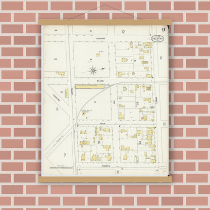 Old map wall art mockup — magnetic wood frame on brick wall — Sanborn Fire Insurance Map from Palatka, Putnam County, Florida (1897), Sheet #0009