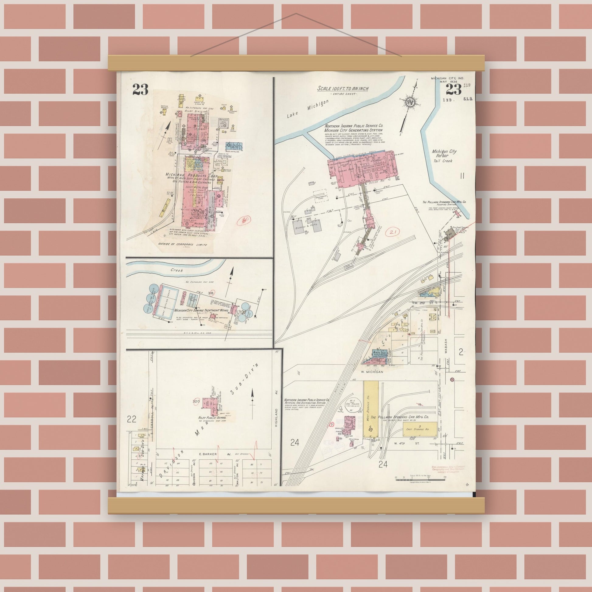 Old map wall art mockup — magnetic wood frame on brick wall — Sanborn Fire Insurance Map from Michigan City, La Porte County, Indiana (1948), Sheet #0023