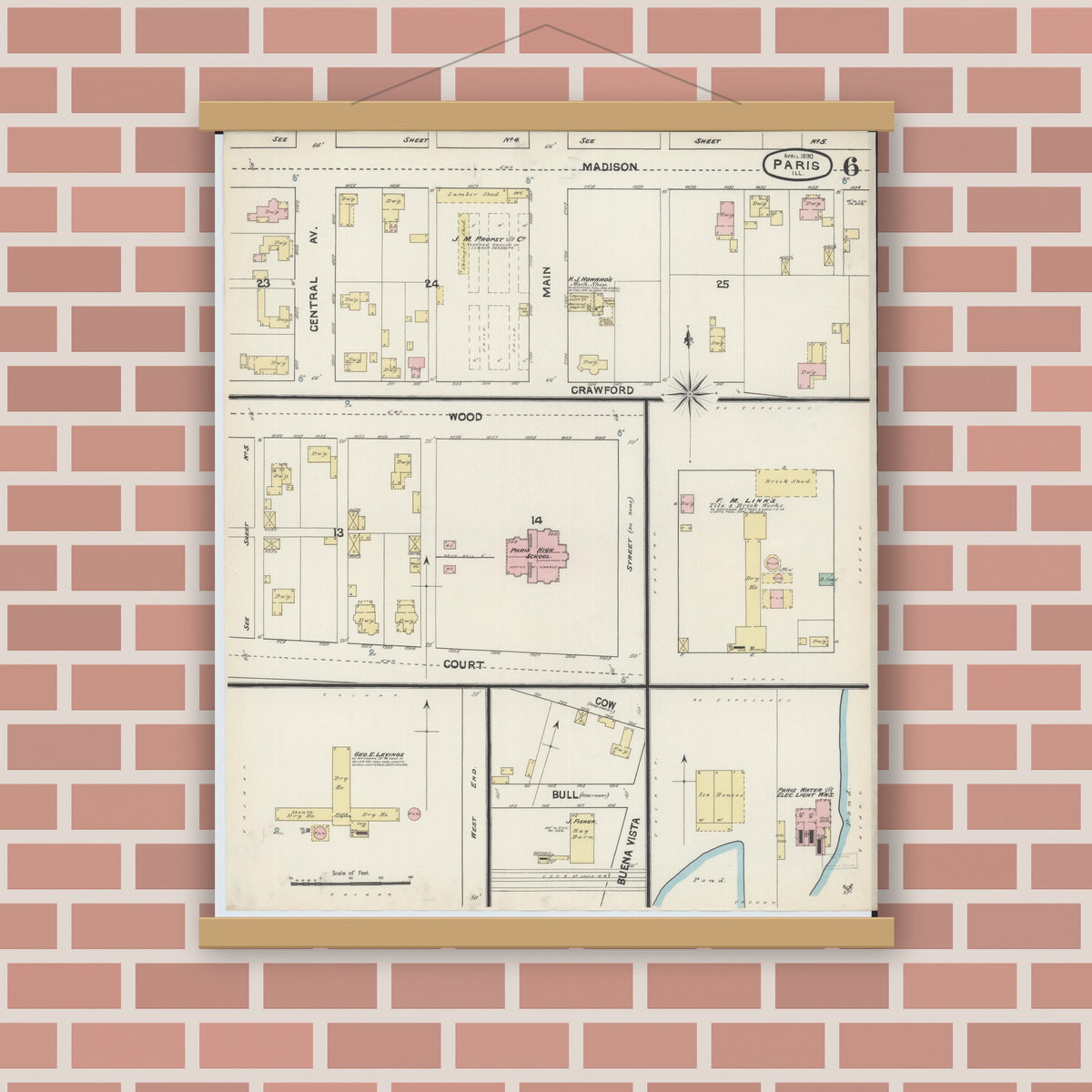 Old map wall art mockup — magnetic wood frame on brick wall — Sanborn Fire Insurance Map from Paris, Edgar County, Illinois (1890), Sheet #0006