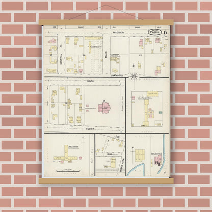Old map wall art mockup — magnetic wood frame on brick wall — Sanborn Fire Insurance Map from Paris, Edgar County, Illinois (1890), Sheet #0006