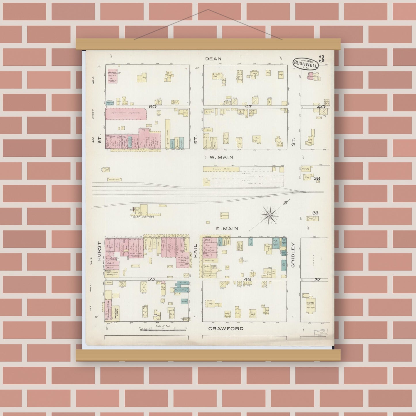 Old map wall art mockup — magnetic wood frame on brick wall — Sanborn Fire Insurance Map from Bushnell, Mcdonough County, Illinois (1886), Sheet #0003
