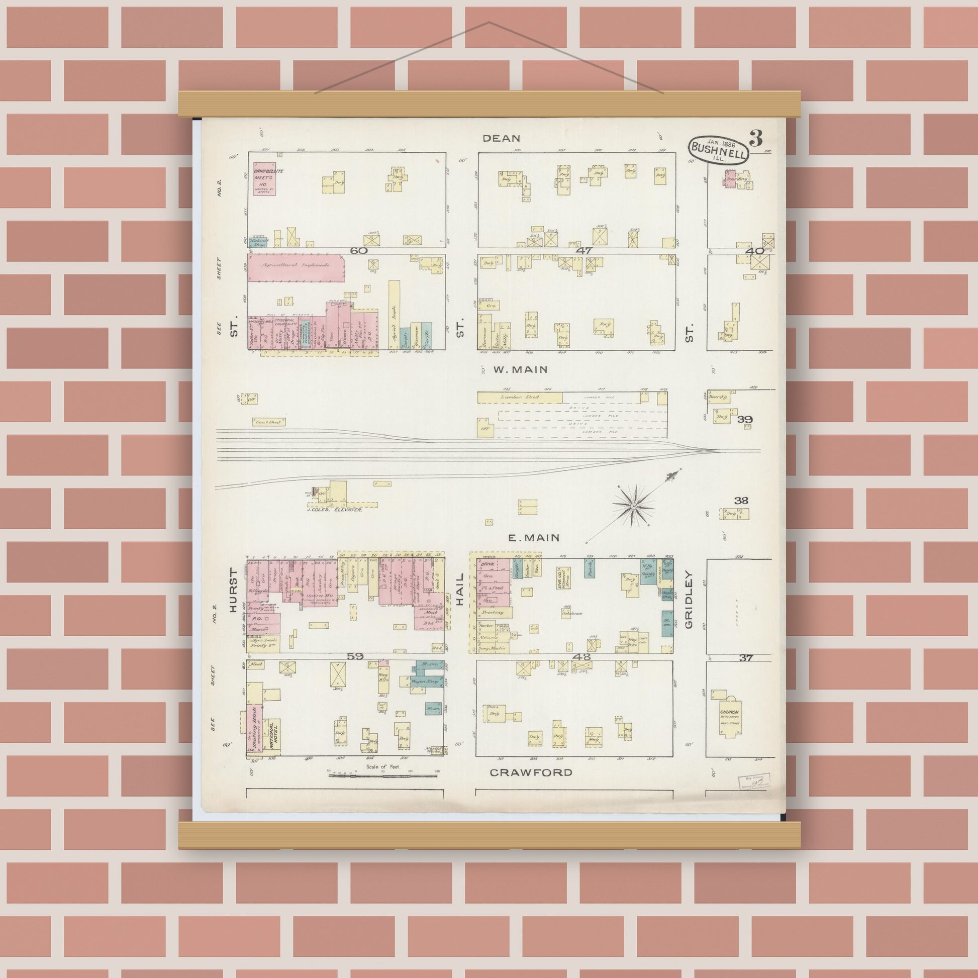 Old map wall art mockup — magnetic wood frame on brick wall — Sanborn Fire Insurance Map from Bushnell, Mcdonough County, Illinois (1886), Sheet #0003