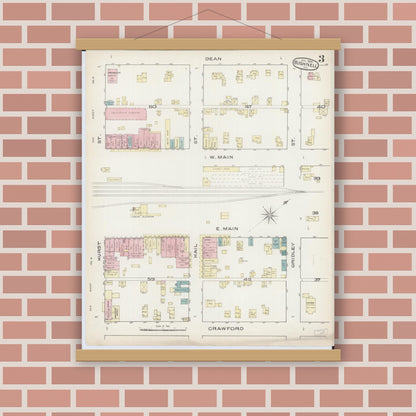Old map wall art mockup — magnetic wood frame on brick wall — Sanborn Fire Insurance Map from Bushnell, Mcdonough County, Illinois (1886), Sheet #0003