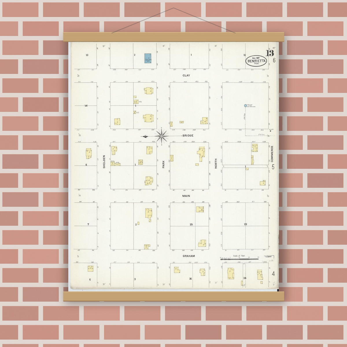 Old map wall art mockup — magnetic wood frame on brick wall — Sanborn Fire Insurance Map from Henrietta, Clay County, Texas (1907), Sheet #0013