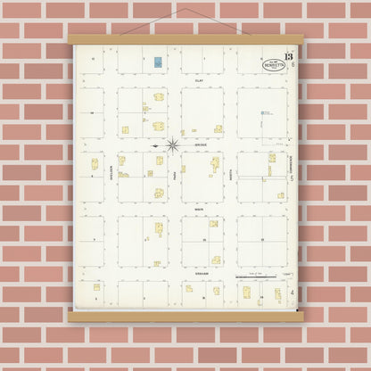 Old map wall art mockup — magnetic wood frame on brick wall — Sanborn Fire Insurance Map from Henrietta, Clay County, Texas (1907), Sheet #0013