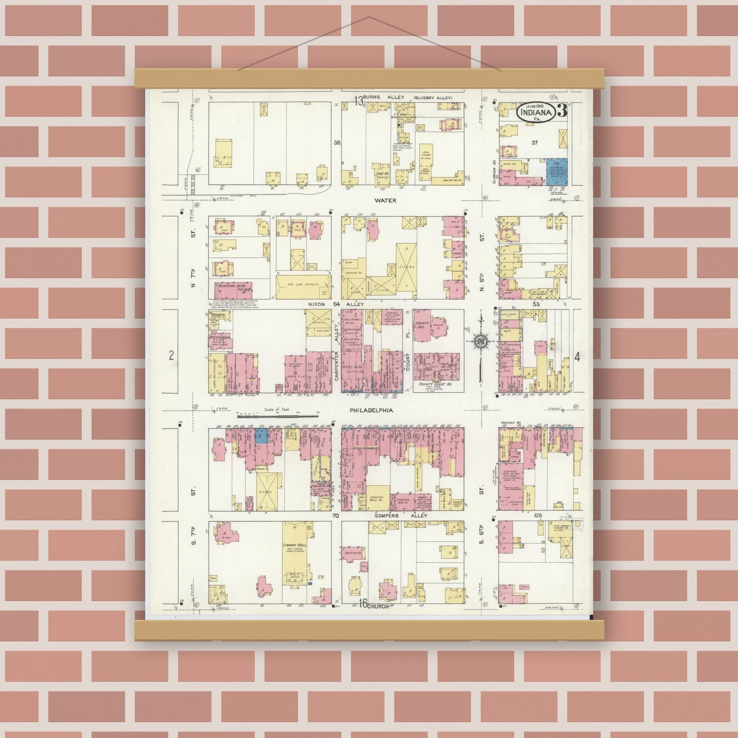 Old map wall art mockup — magnetic wood frame on brick wall — Sanborn Fire Insurance Map from Indiana, Indiana County, Pennsylvania (1916), Sheet #0003