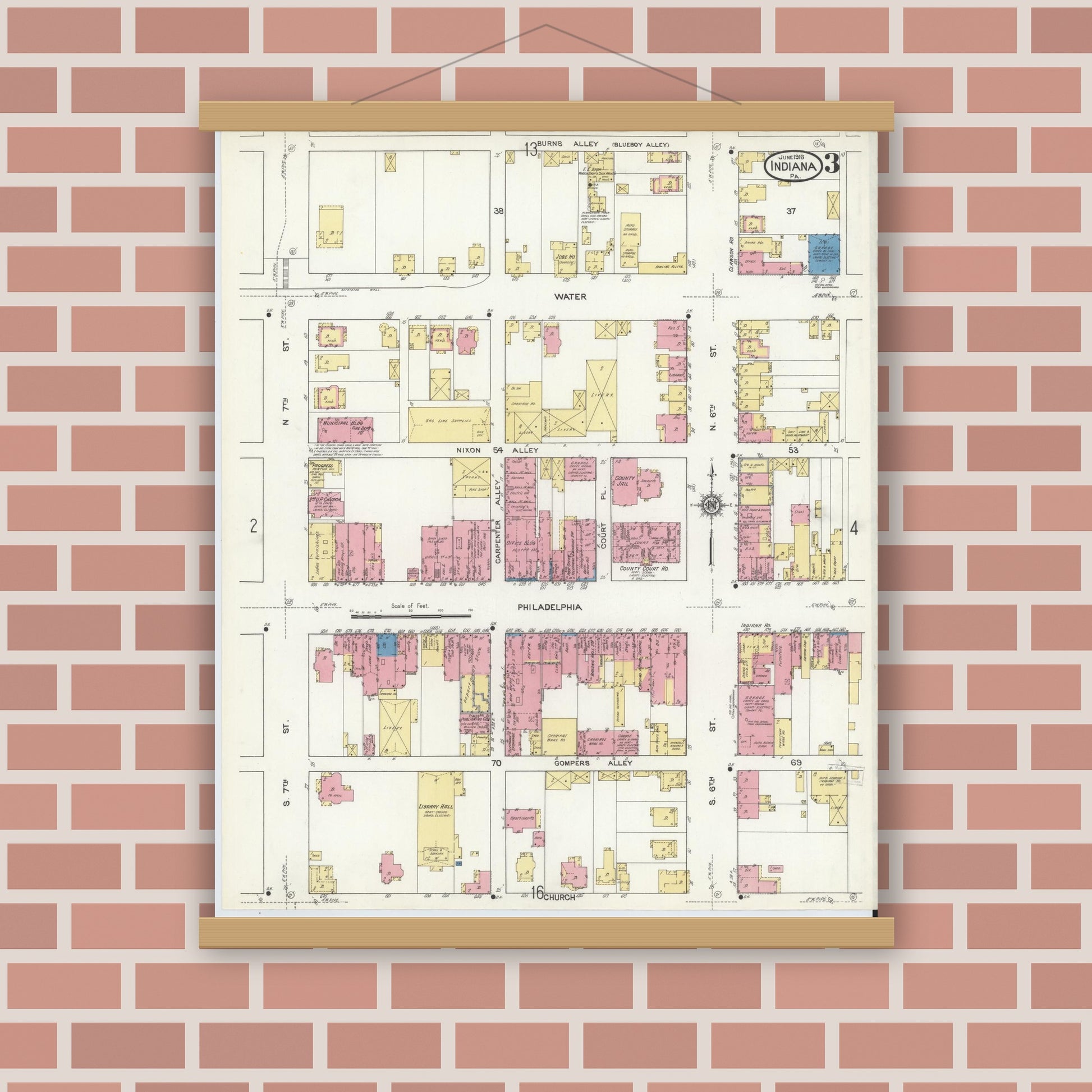 Old map wall art mockup — magnetic wood frame on brick wall — Sanborn Fire Insurance Map from Indiana, Indiana County, Pennsylvania (1916), Sheet #0003