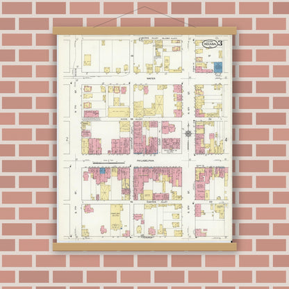 Old map wall art mockup — magnetic wood frame on brick wall — Sanborn Fire Insurance Map from Indiana, Indiana County, Pennsylvania (1916), Sheet #0003