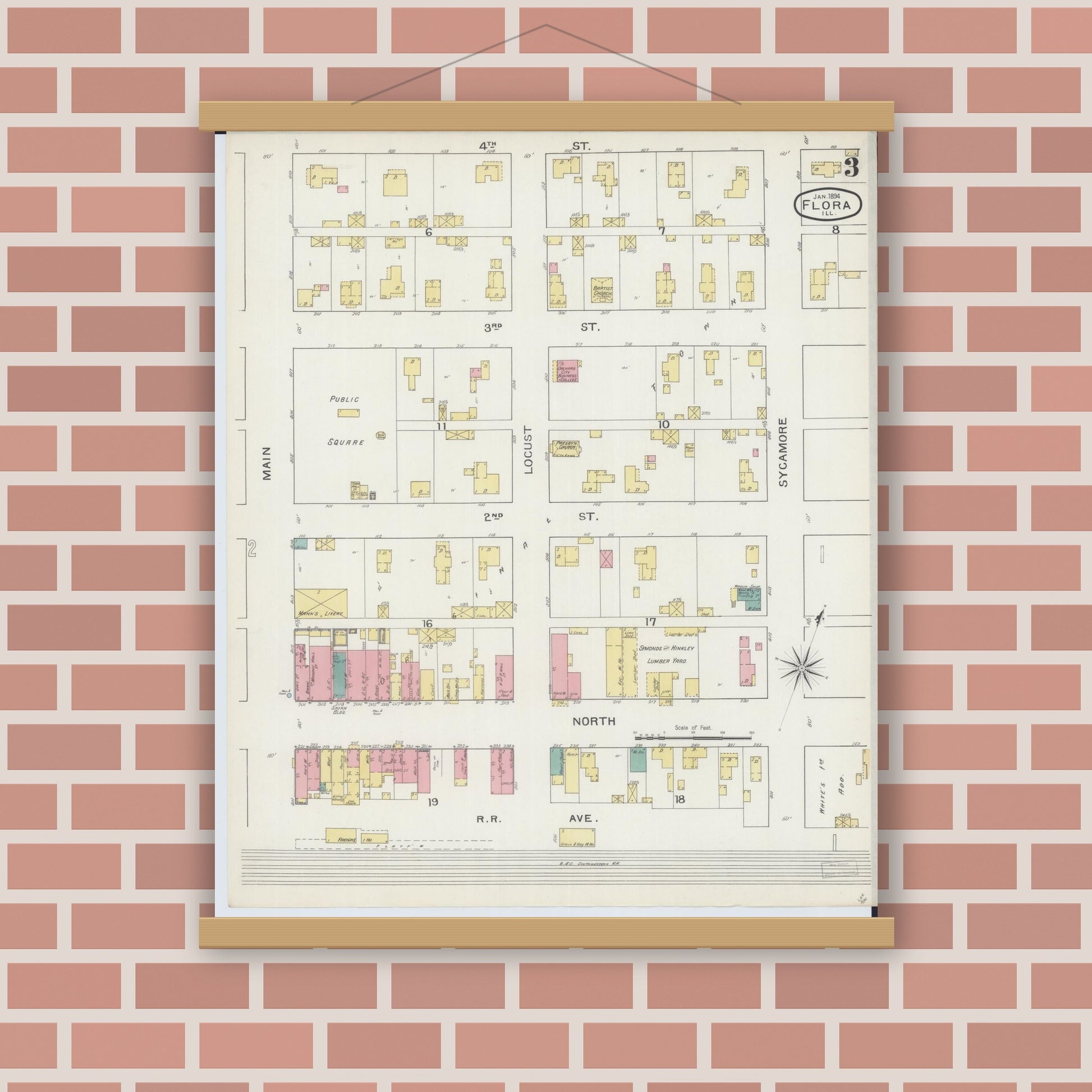 Old map wall art mockup — magnetic wood frame on brick wall — Sanborn Fire Insurance Map from Flora, Clay County, Illinois (1894), Sheet #0003