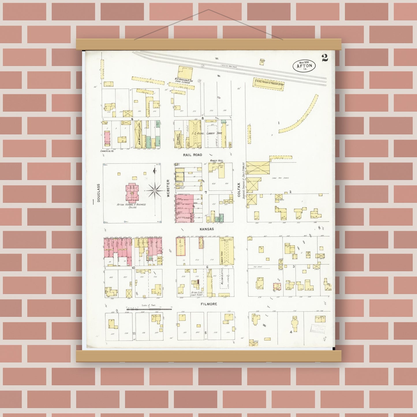 Old map wall art mockup — magnetic wood frame on brick wall — Sanborn Fire Insurance Map from Afton, Union County, Iowa (1899), Sheet #0002