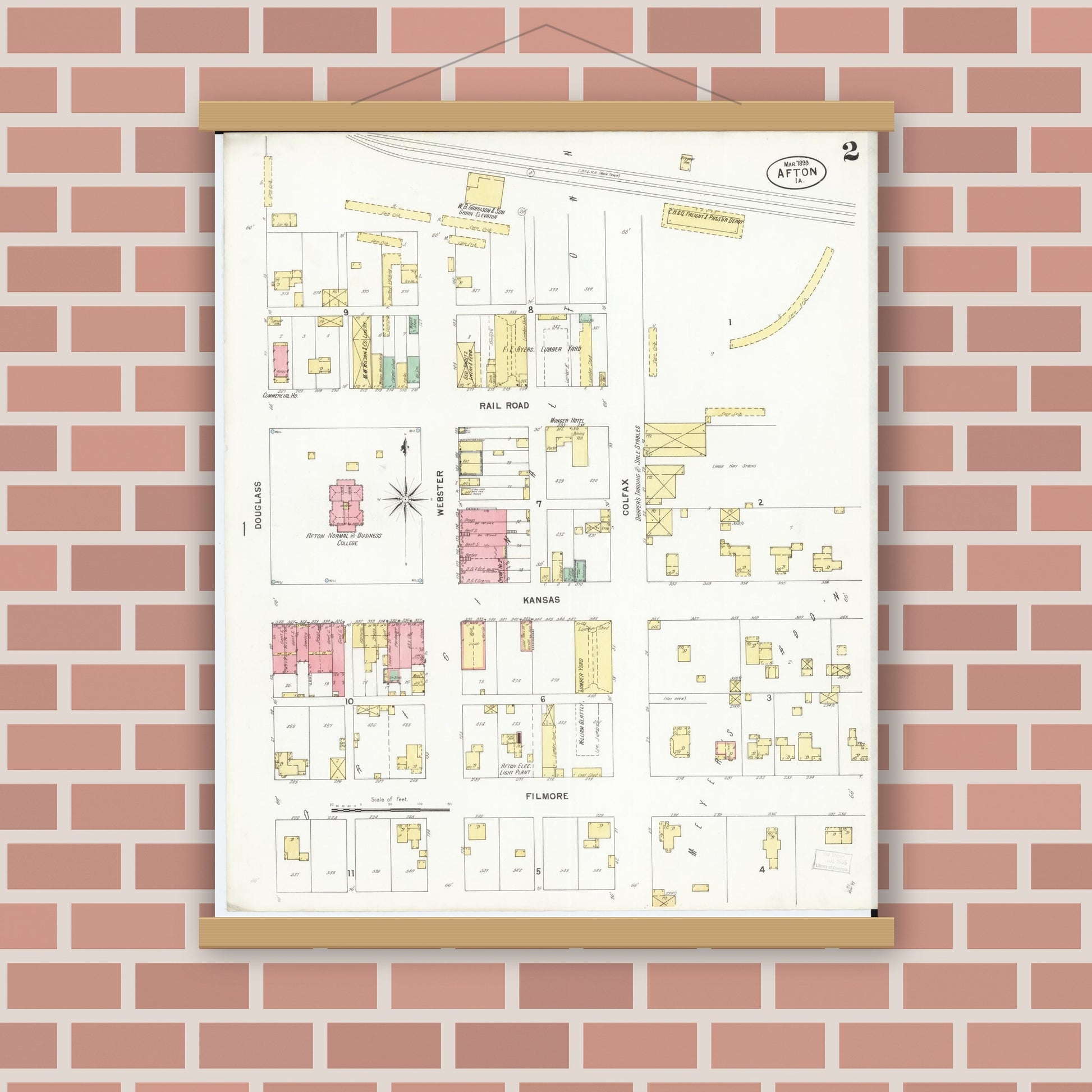 Old map wall art mockup — magnetic wood frame on brick wall — Sanborn Fire Insurance Map from Afton, Union County, Iowa (1899), Sheet #0002