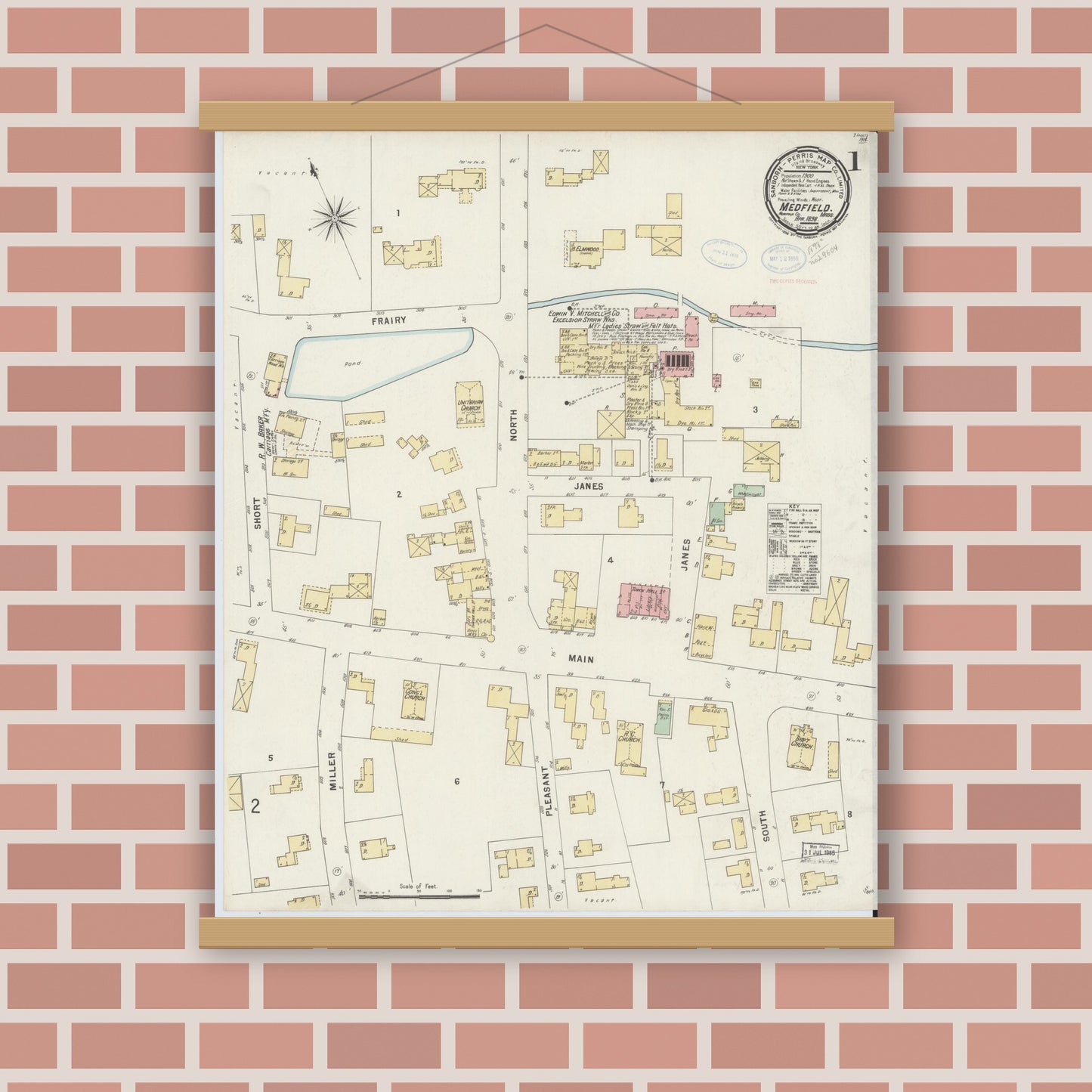 Old map wall art mockup — magnetic wood frame on brick wall — Sanborn Fire Insurance Map from Medfield, Norfolk County, Massachusetts (1898) - Complete Map Set