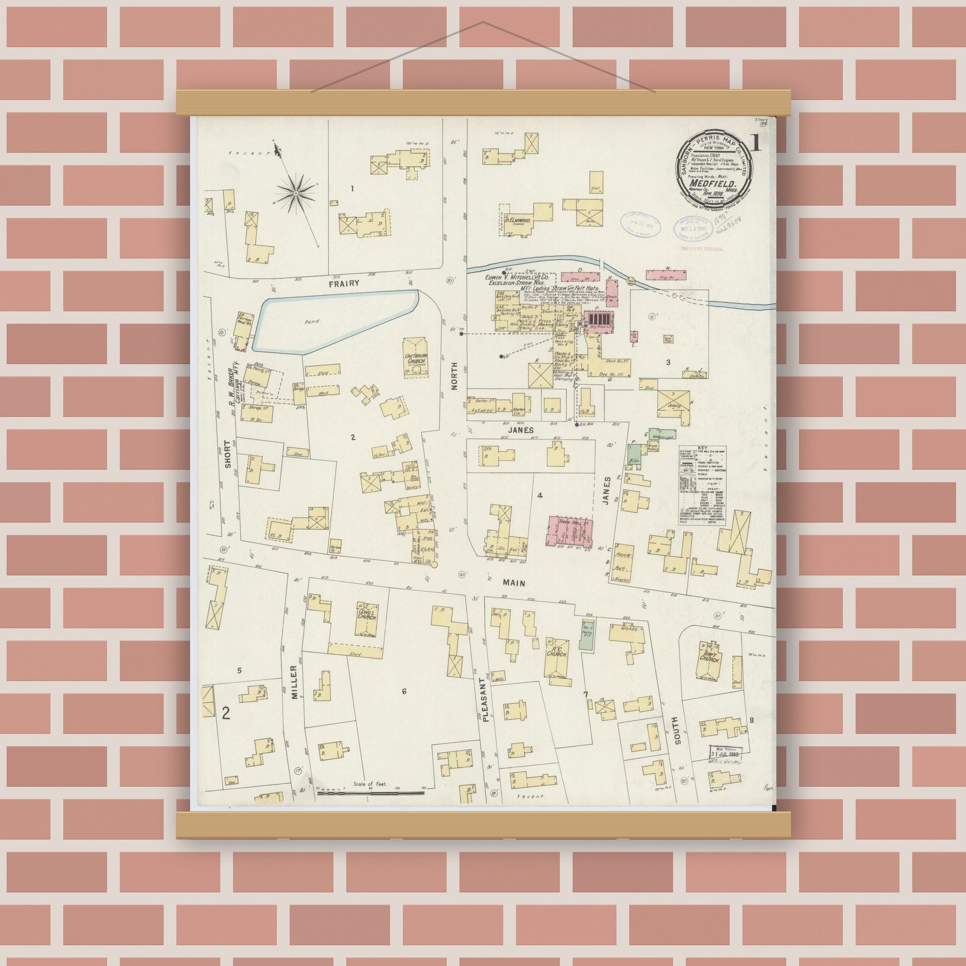 Old map wall art mockup — magnetic wood frame on brick wall — Sanborn Fire Insurance Map from Medfield, Norfolk County, Massachusetts (1898) - Complete Map Set