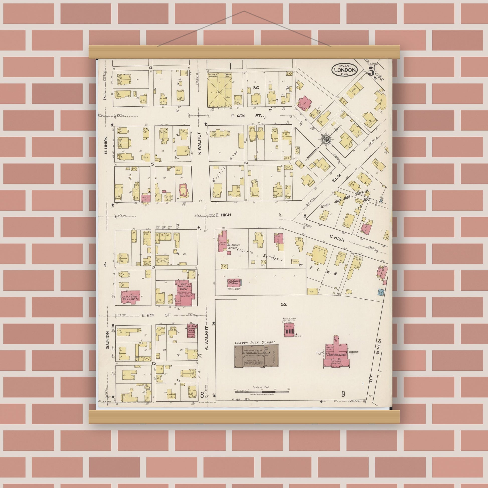 Old map wall art mockup — magnetic wood frame on brick wall — Sanborn Fire Insurance Map from London, Madison County, Ohio (1921), Sheet #0005