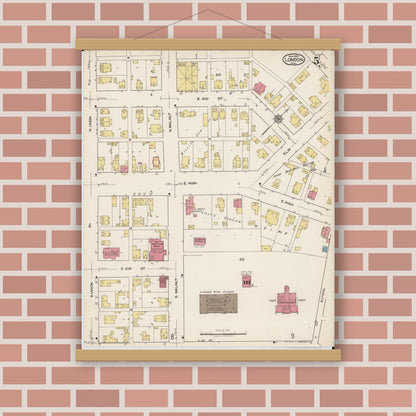 Old map wall art mockup — magnetic wood frame on brick wall — Sanborn Fire Insurance Map from London, Madison County, Ohio (1921), Sheet #0005