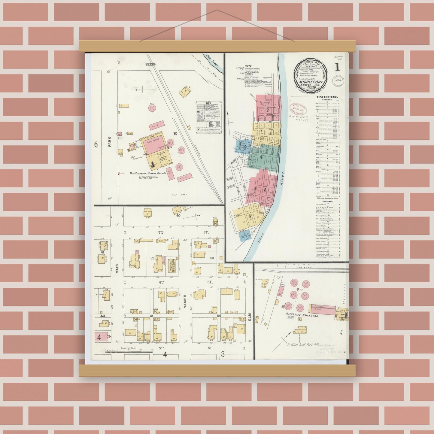 Old map wall art mockup — magnetic wood frame on brick wall — Sanborn Fire Insurance Map from Middleport, Meigs County, Ohio (1899) - Complete Map Set