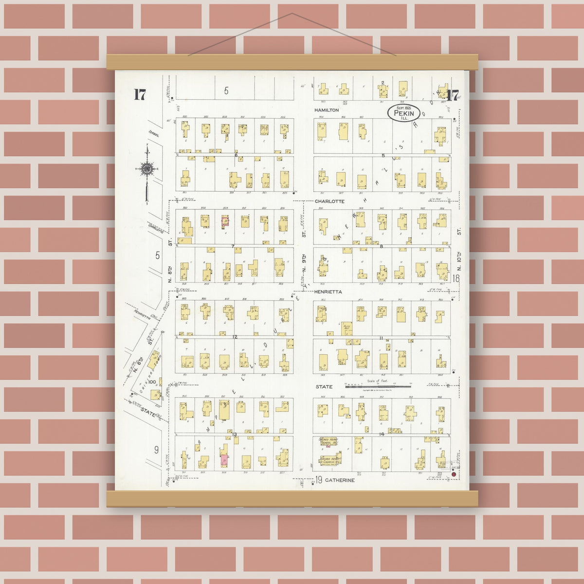 Old map wall art mockup — magnetic wood frame on brick wall — Sanborn Fire Insurance Map from Pekin, Tazewell County, Illinois (1925), Sheet #0017