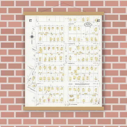 Old map wall art mockup — magnetic wood frame on brick wall — Sanborn Fire Insurance Map from Pekin, Tazewell County, Illinois (1925), Sheet #0017