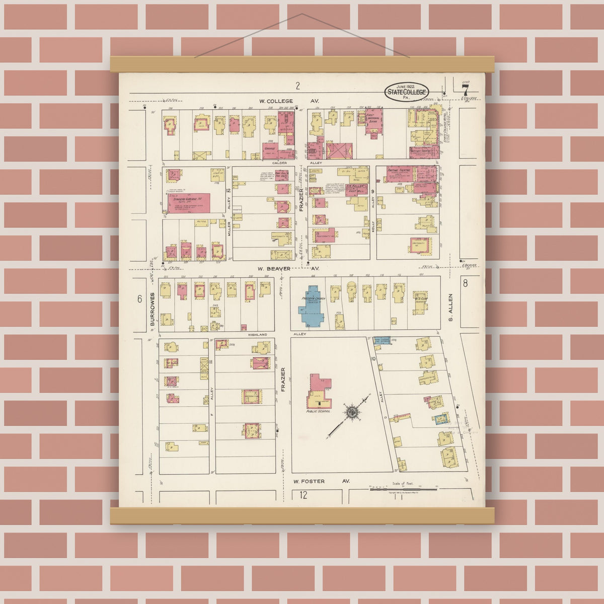 Old map wall art mockup — magnetic wood frame on brick wall — Sanborn Fire Insurance Map from State College, Centre County, Pennsylvania (1922), Sheet #0007