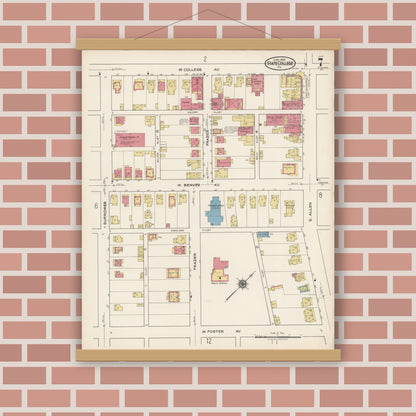 Old map wall art mockup — magnetic wood frame on brick wall — Sanborn Fire Insurance Map from State College, Centre County, Pennsylvania (1922), Sheet #0007